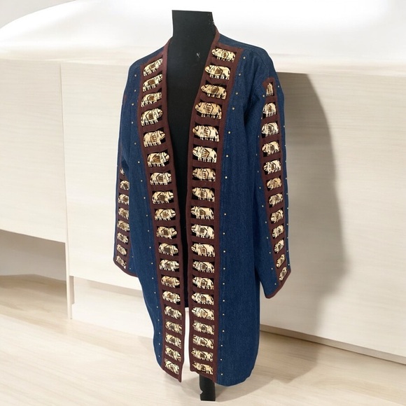 Vintage Denim Maxi Coat w/Wooden Elephant Bone Inserts Blue Jean Women’s Large - Picture 16 of 16